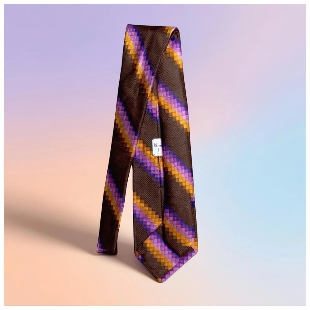 Bijan Handcrafted Silk Tie – Italy – Brown, Purple, Gold Stripes - Picture 3 of 10